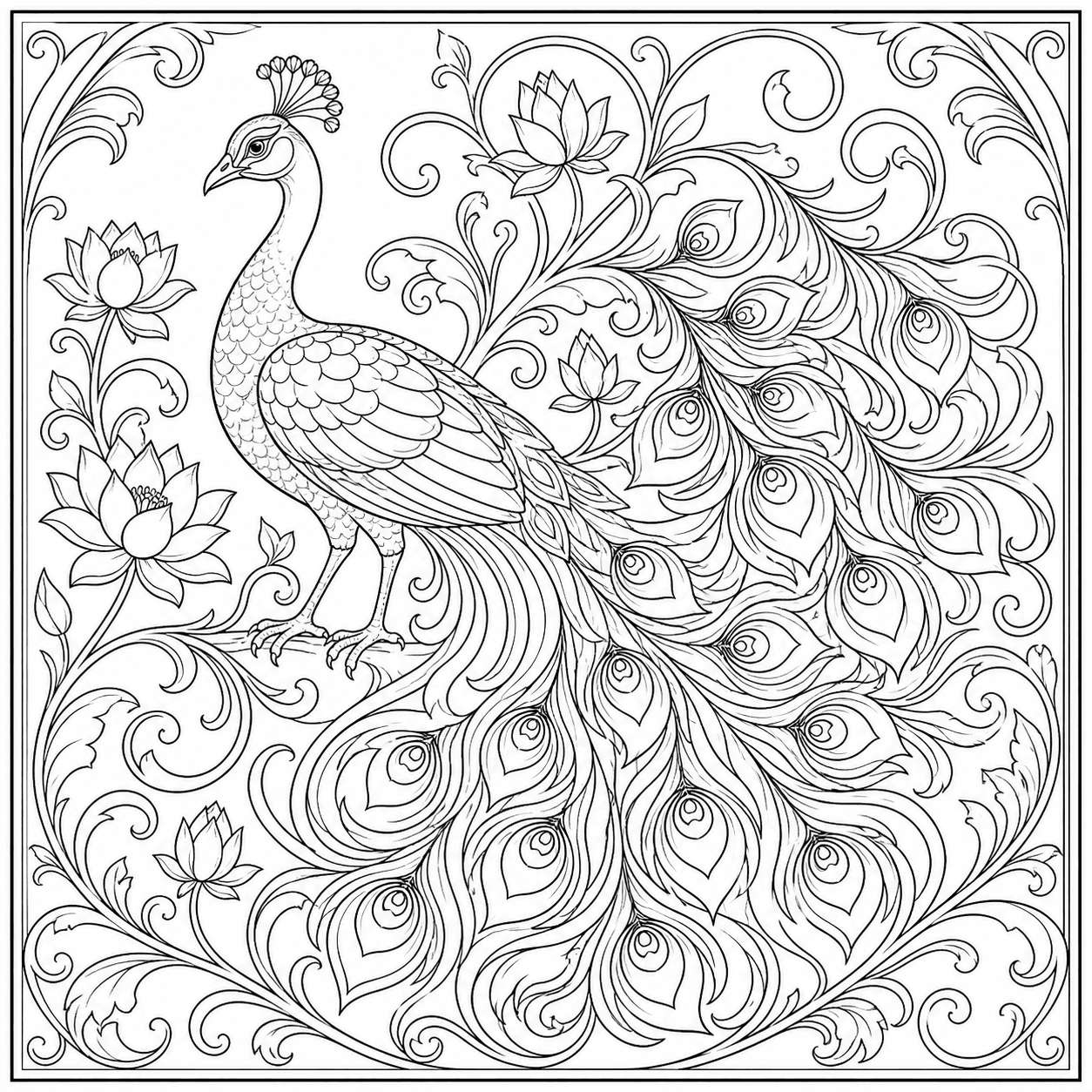 Ornamental bird and flower line art