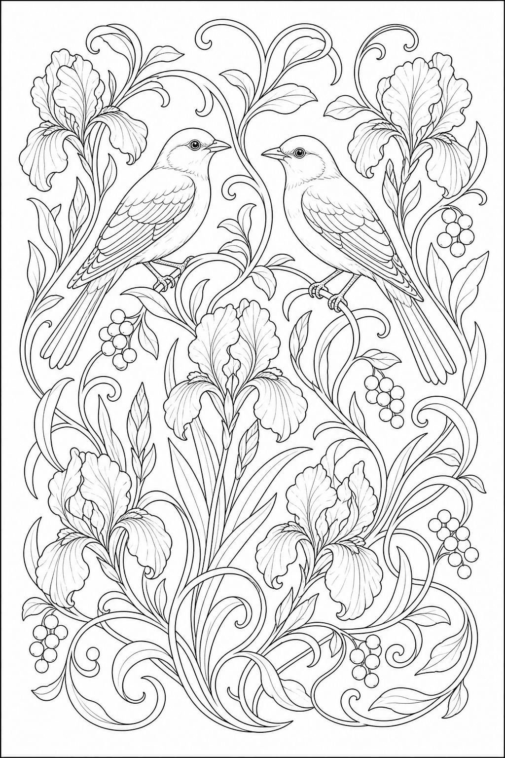 Songbirds and flowing vines coloring page