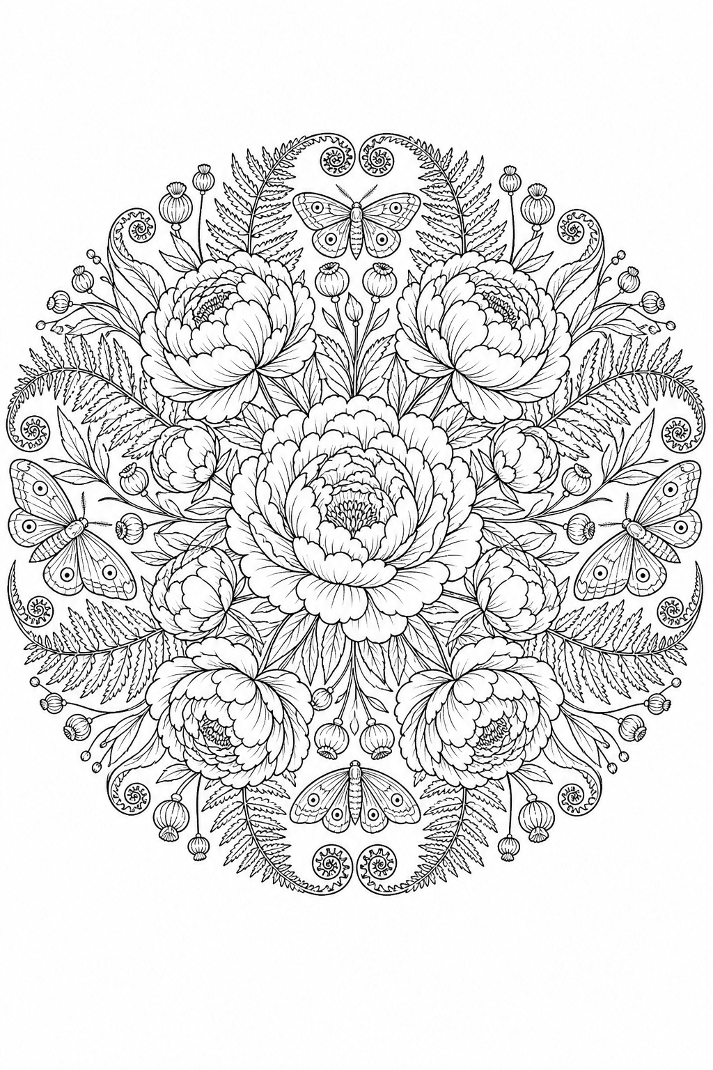 Botanical peony and fern mandala coloring page
