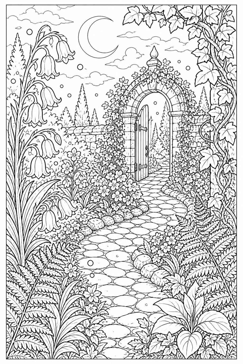 Moonlit secret garden path coloring page
