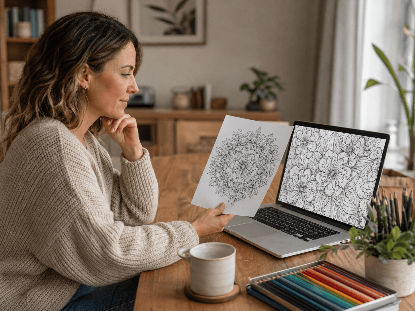 Adult choosing a botanical coloring design at a home desk