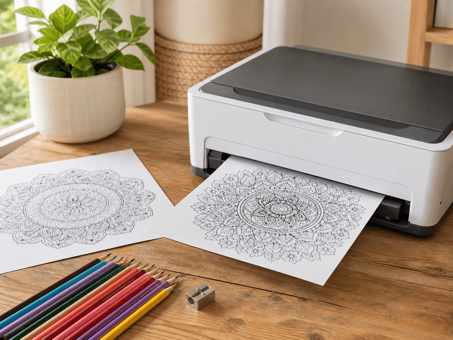 Botanical coloring page printing beside colored pencils