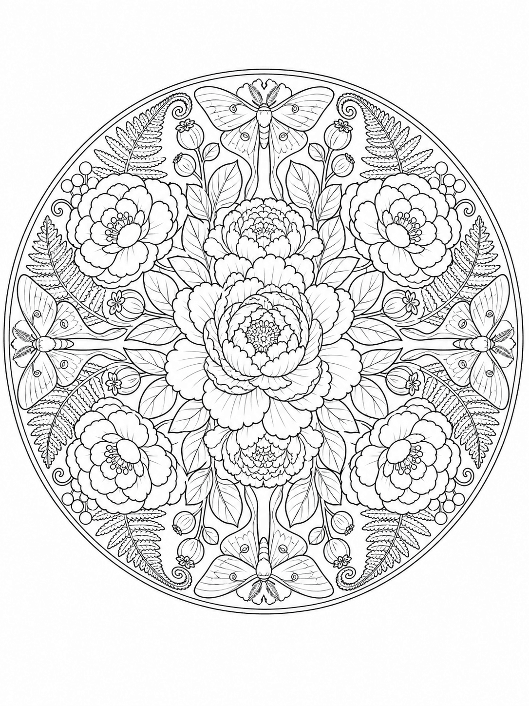 Peony fern and moth botanical mandala coloring page preview