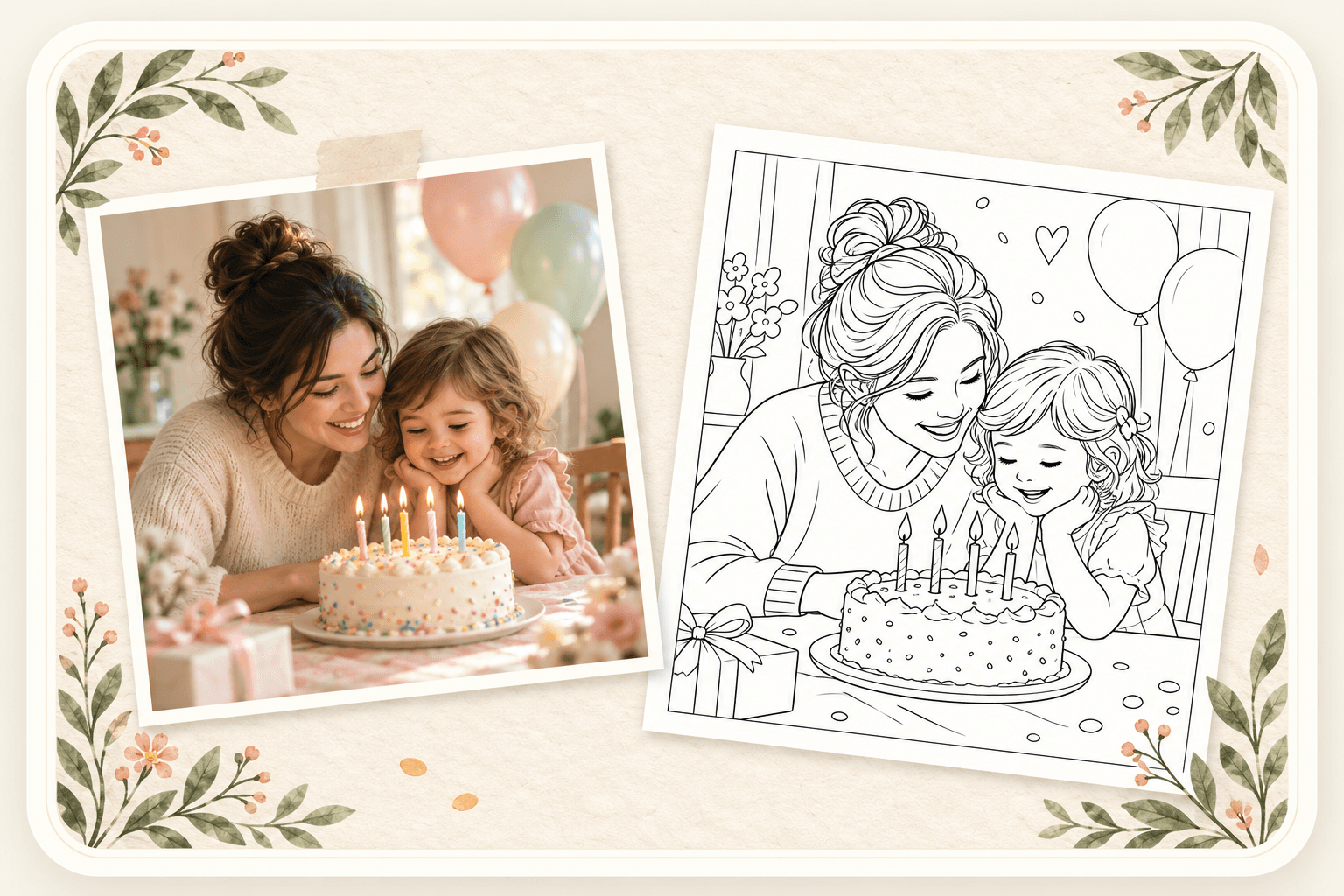 Ejemplo de foto de cumpleaños convertida en dibujo para colorear