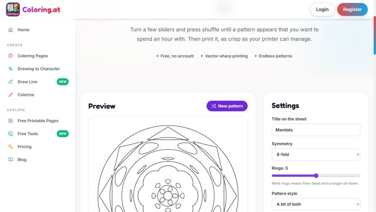 Coloring.at mandala maker with symmetry, rings and geometric preview