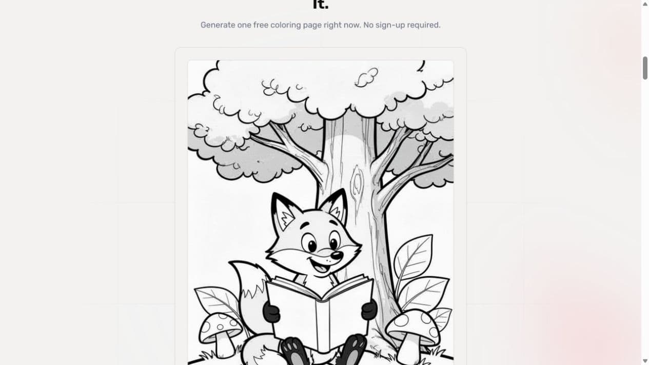 Actual ColorPage.ai free-demo output of a fox reading beneath a tree