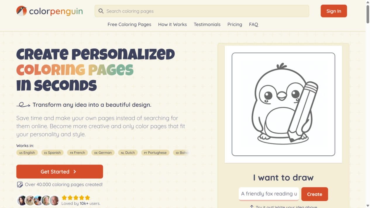 ColorPenguin homepage prompt input used for the fox-reading task