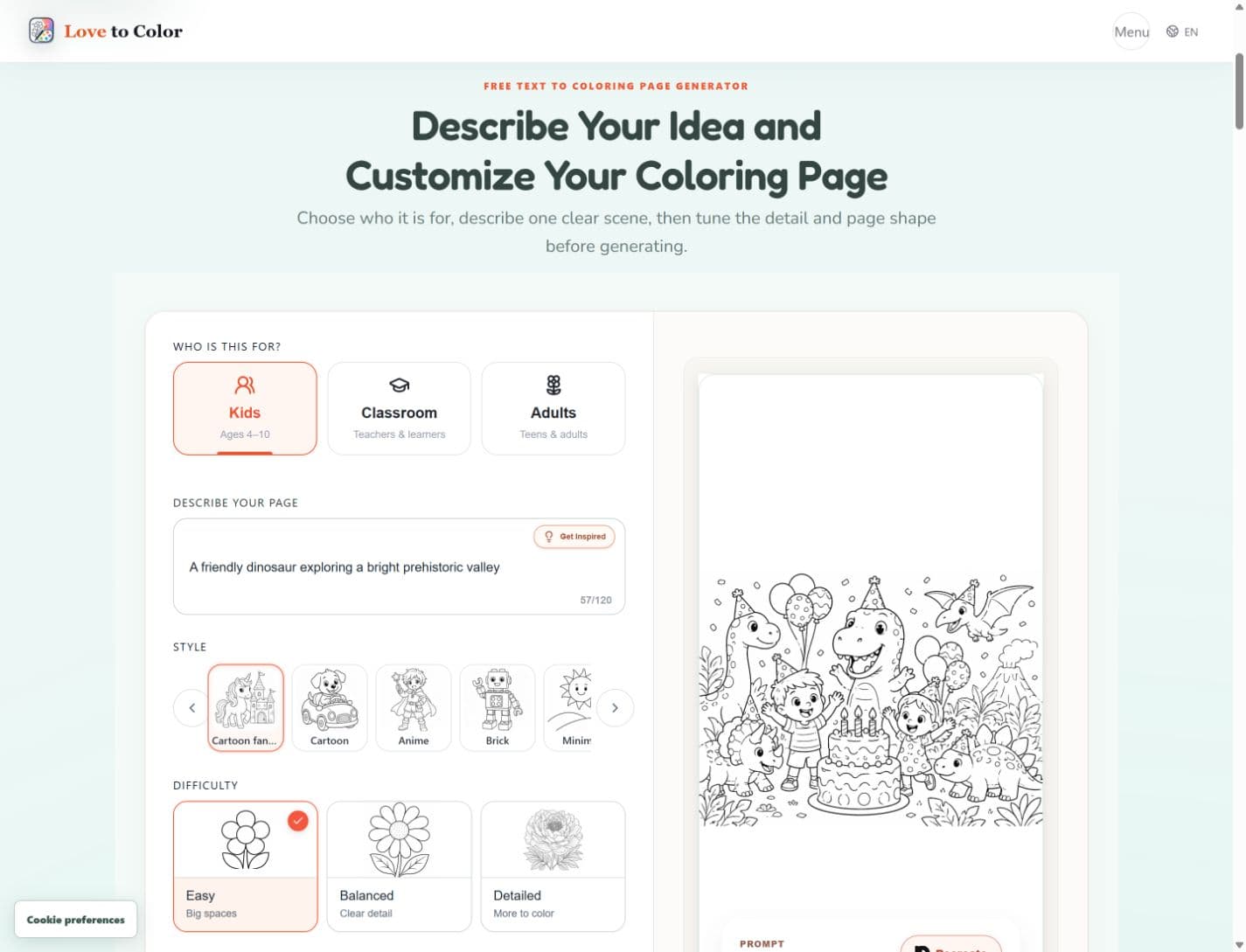 Love to Color Kids setup showing the scene, illustrated styles and Easy, Balanced and Detailed choices