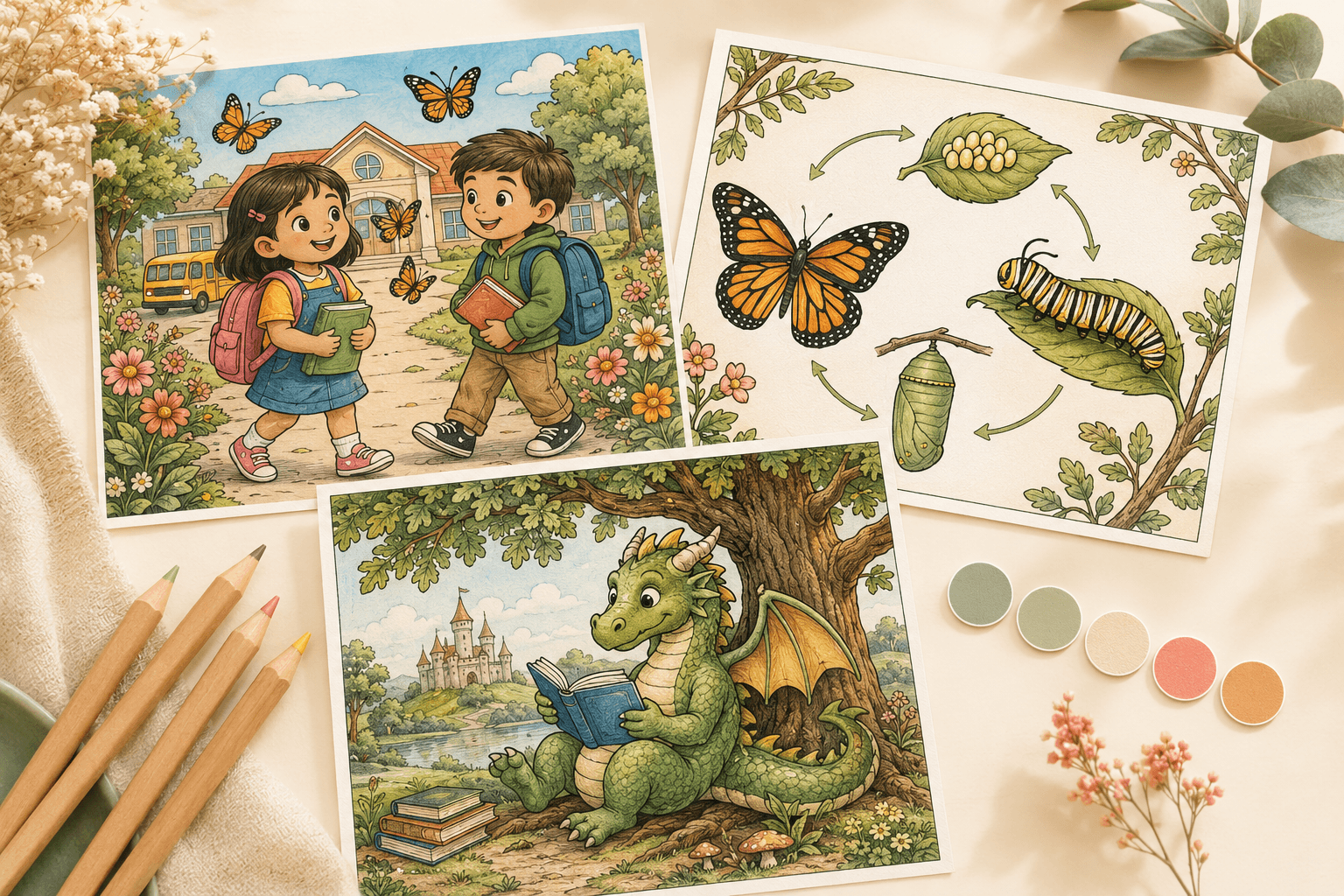 Finished coloring page inspiration collage with children, butterfly life cycle, dragon, pencils, and color palette