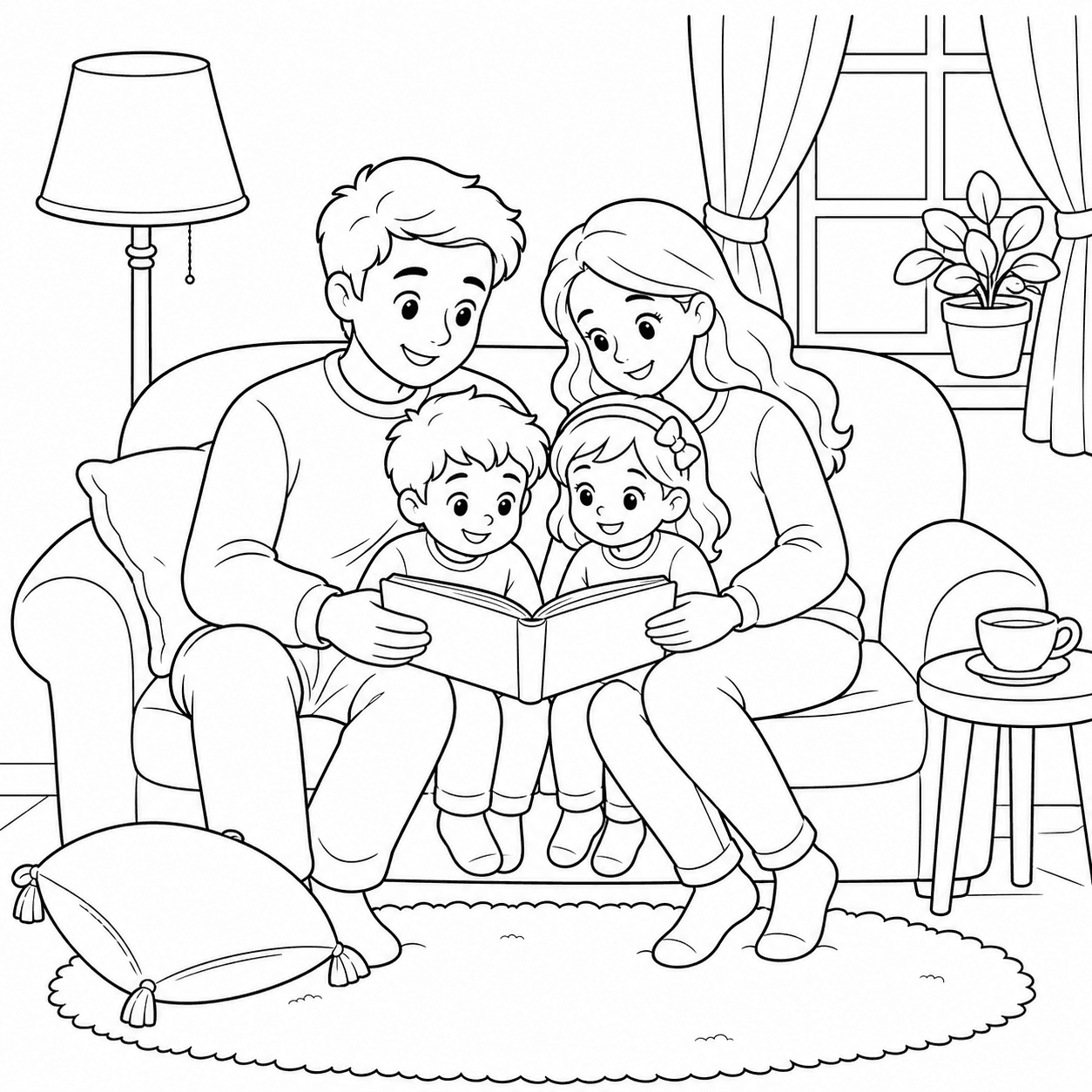 Original family reading line art