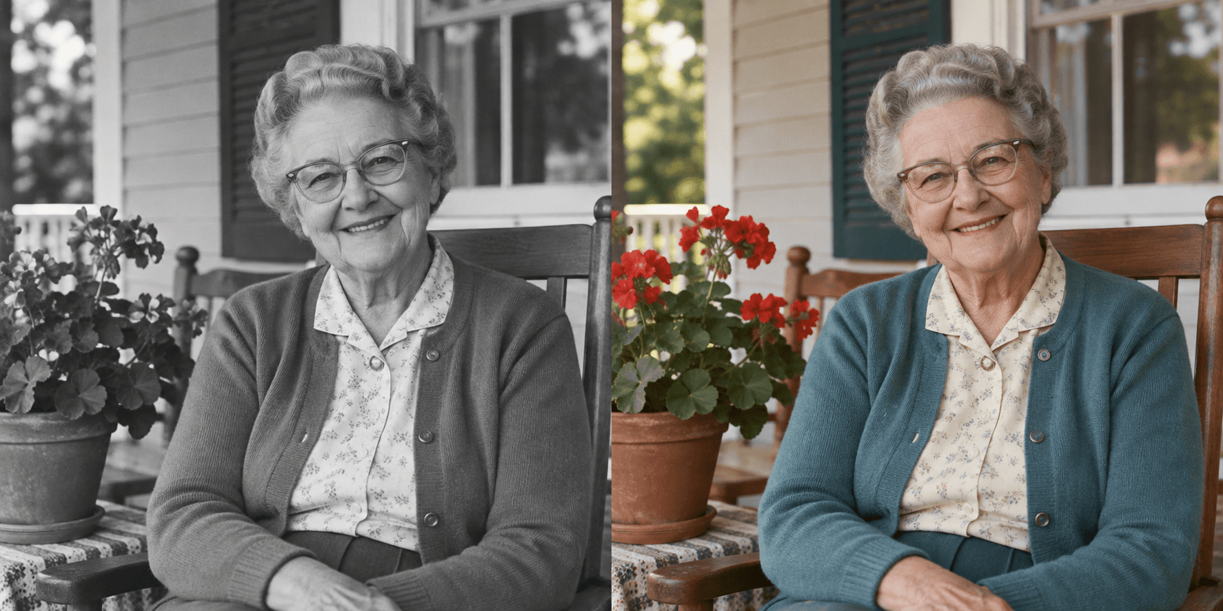 AI-generated illustrative comparison of a grayscale porch portrait and a color version with a teal cardigan and red flowers