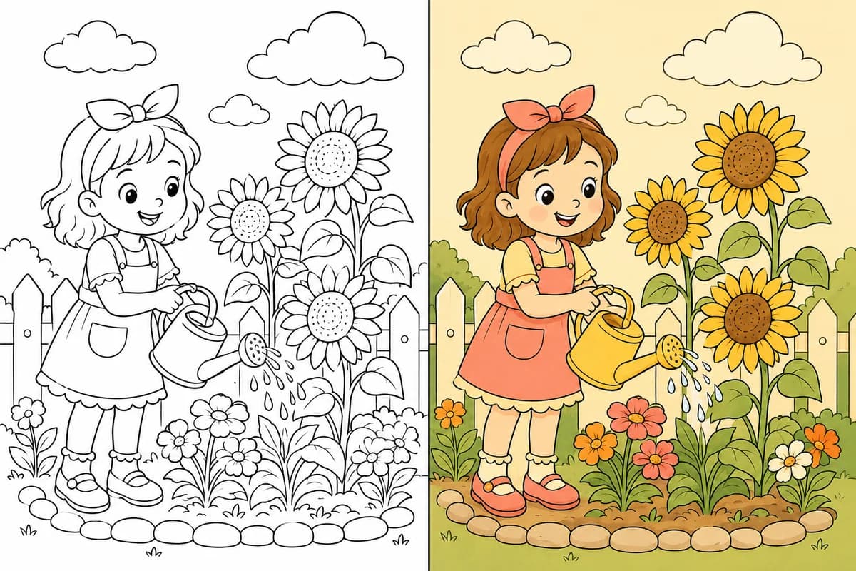The sunflower garden subject as black-and-white line art and a warm colored reference, shown side by side