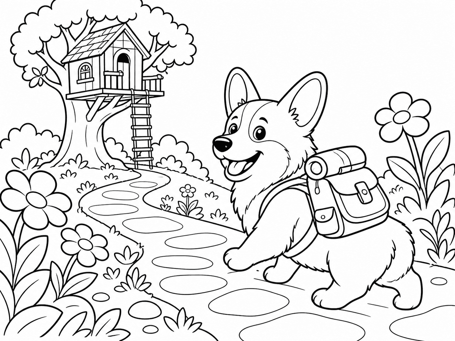 Corgi exploring a garden treehouse coloring page created from text