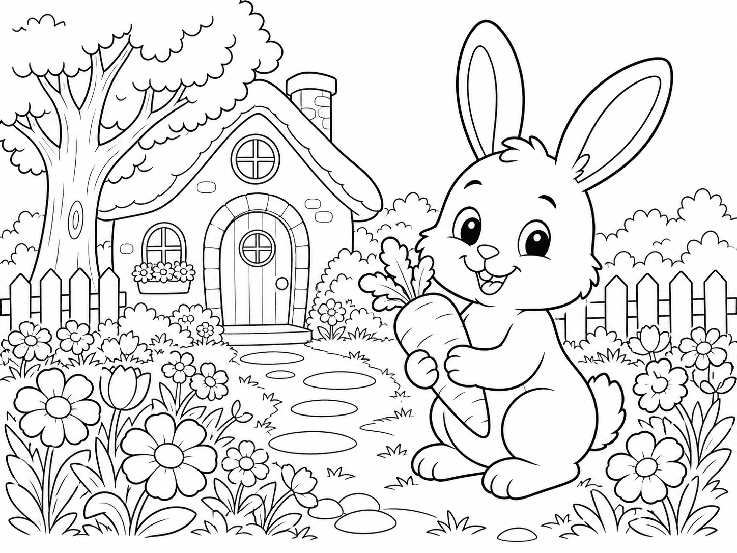 Rabbit holding a carrot in a flower garden coloring page