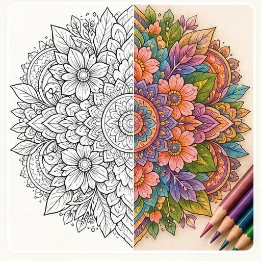 Layered botanical pattern example showing the coloring-page workflow and finished color direction