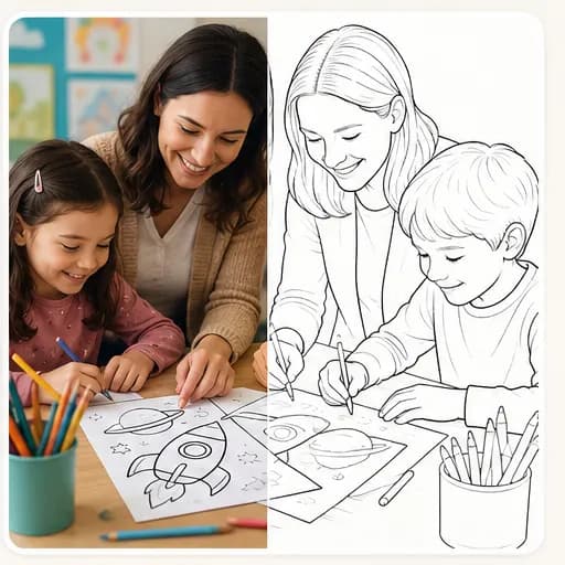 Theme-based worksheet example showing the coloring-page workflow and finished color direction