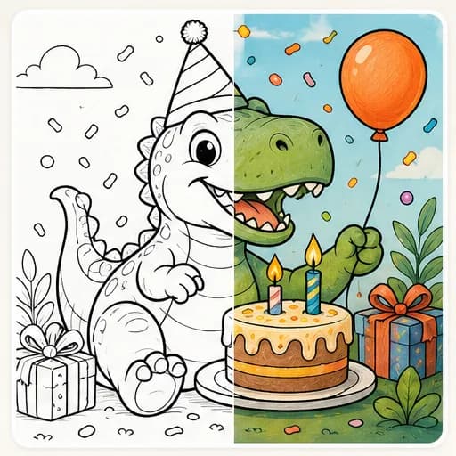 Birthday dinosaur example showing the coloring-page workflow and finished color direction