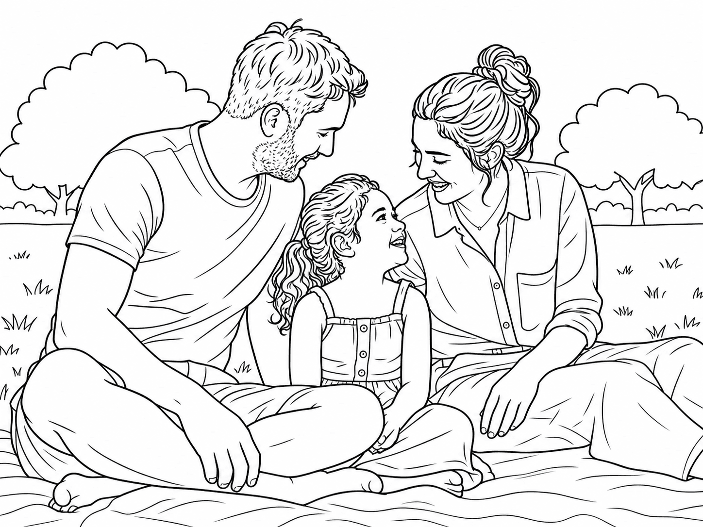 Original Picnic together coloring-page line art