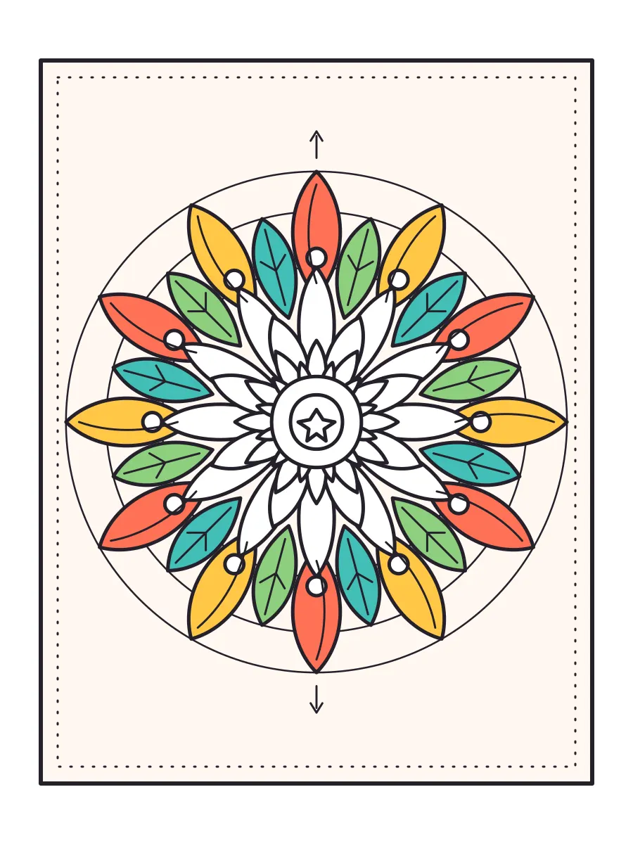 Mandala with the outer ring colored in a repeating coral, yellow, teal and green pattern