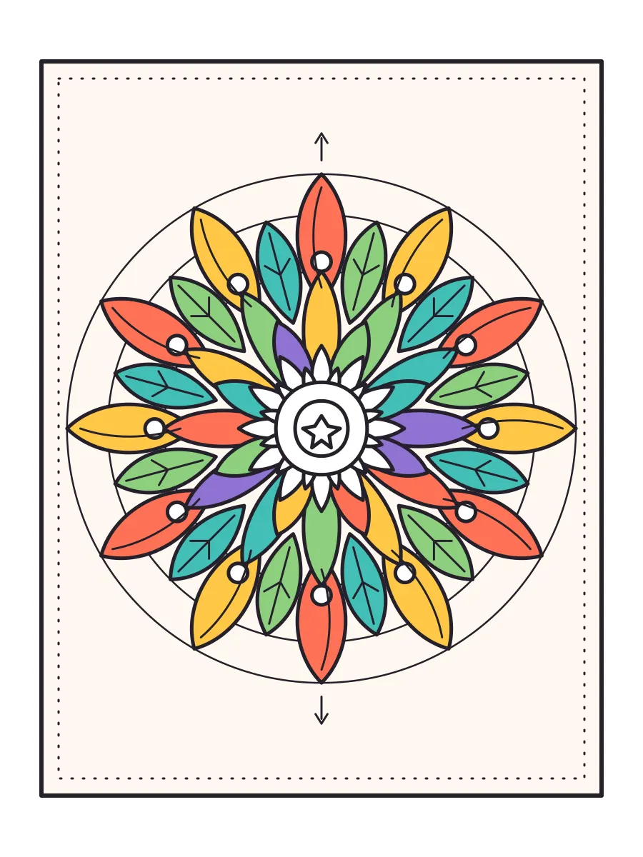 Mandala with the outer and middle rings colored while the small accents and center remain blank