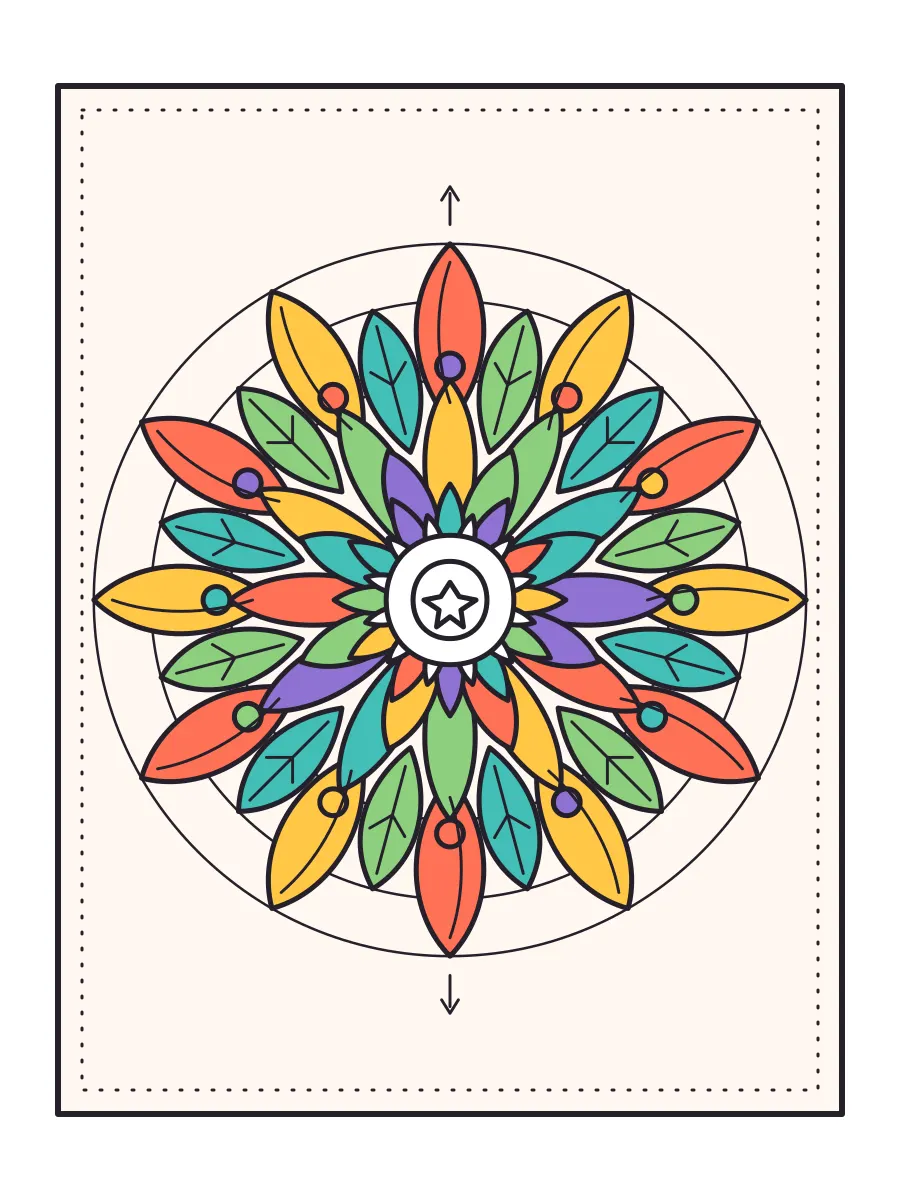 Nearly finished mandala with small circular and inner-petal accents colored