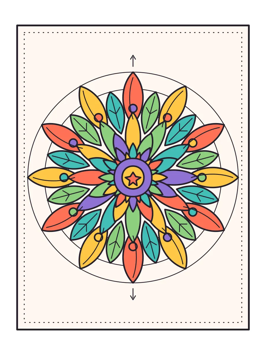 Completed colorful mandala with a purple, yellow and coral focal center