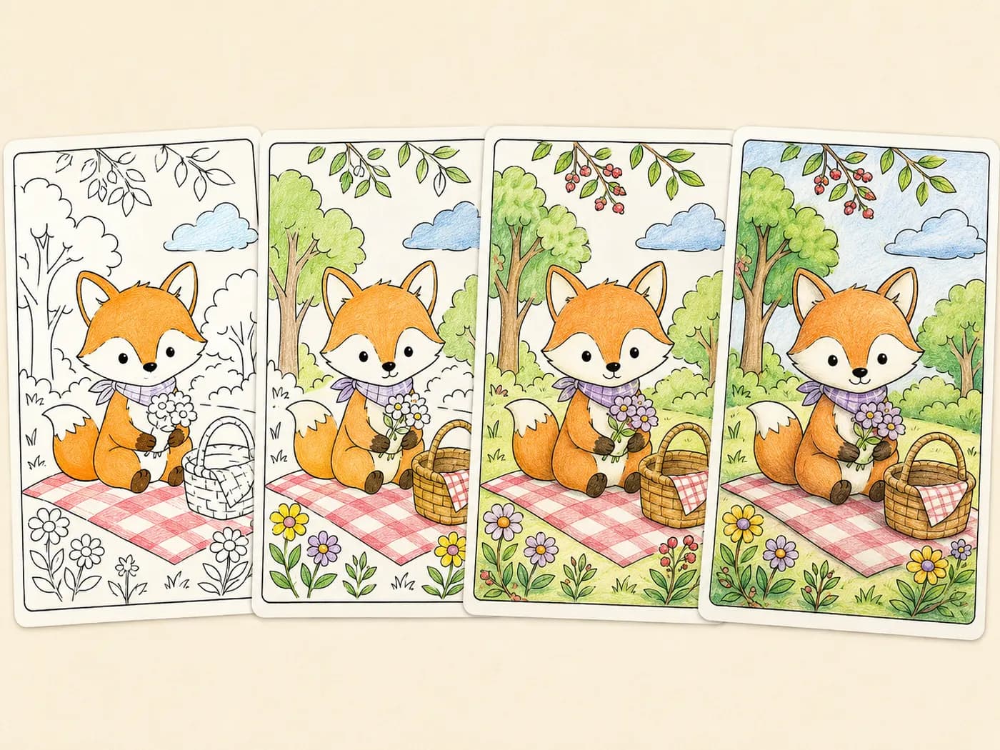 Friendly story scene example showing the coloring-page workflow and finished color direction