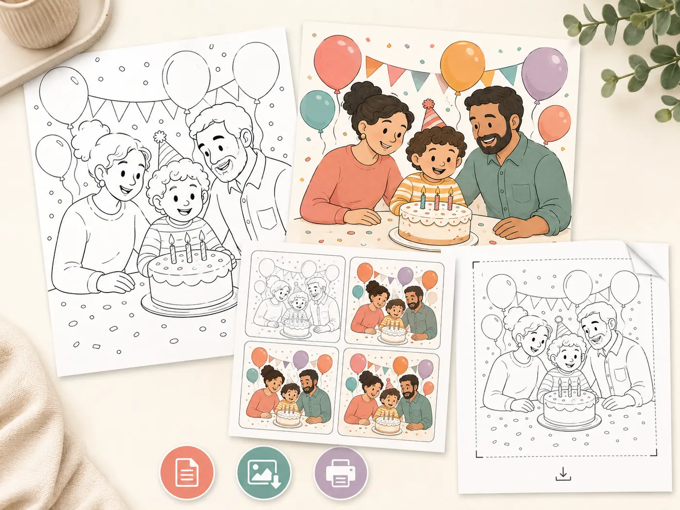 A coordinated family birthday coloring kit shown as printable line art and a finished color reference