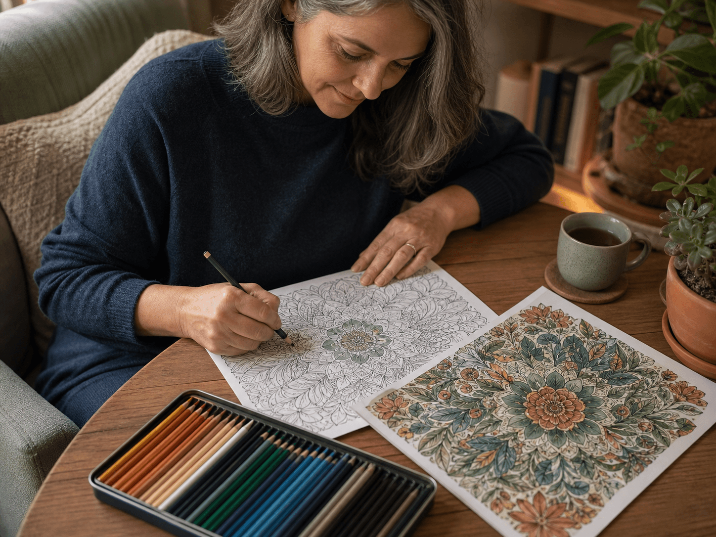 Adult colorist using a botanical coloring page and a coordinated finished color reference