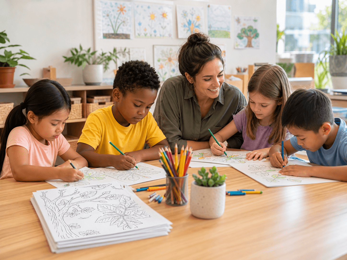 Teacher and children coloring nature-themed printable worksheets in a bright classroom