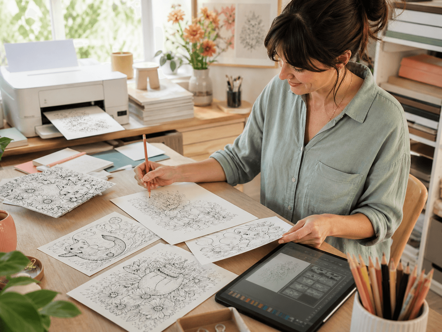 Creative maker arranging original printable coloring pages at a home studio desk
