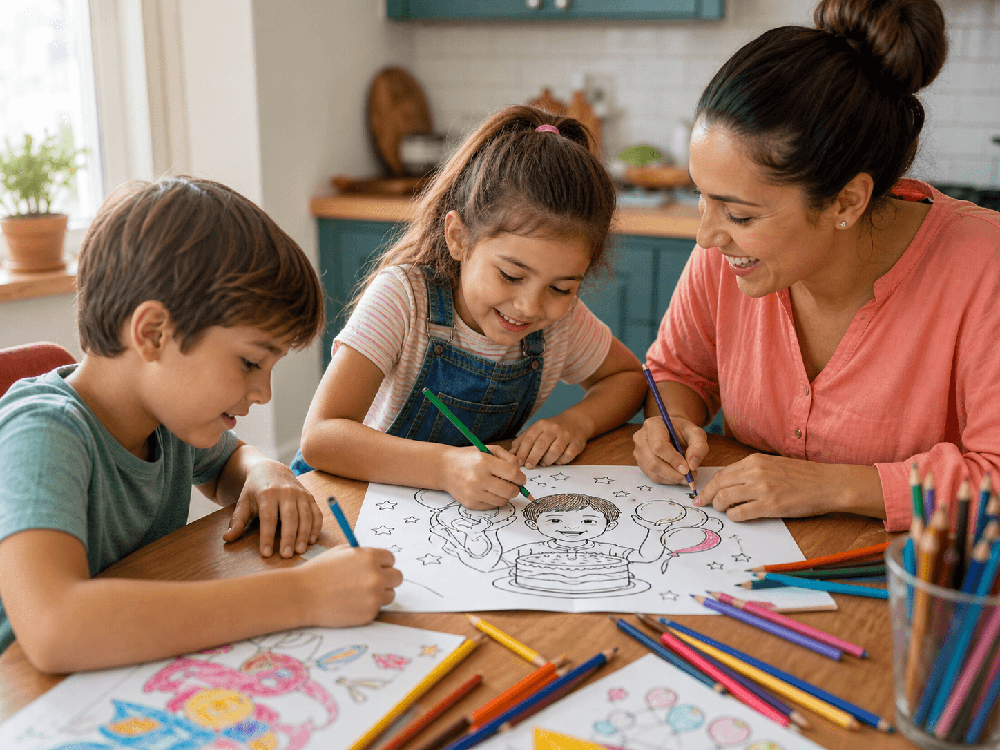 Parent and two children coloring a personalized birthday coloring page at a kitchen table