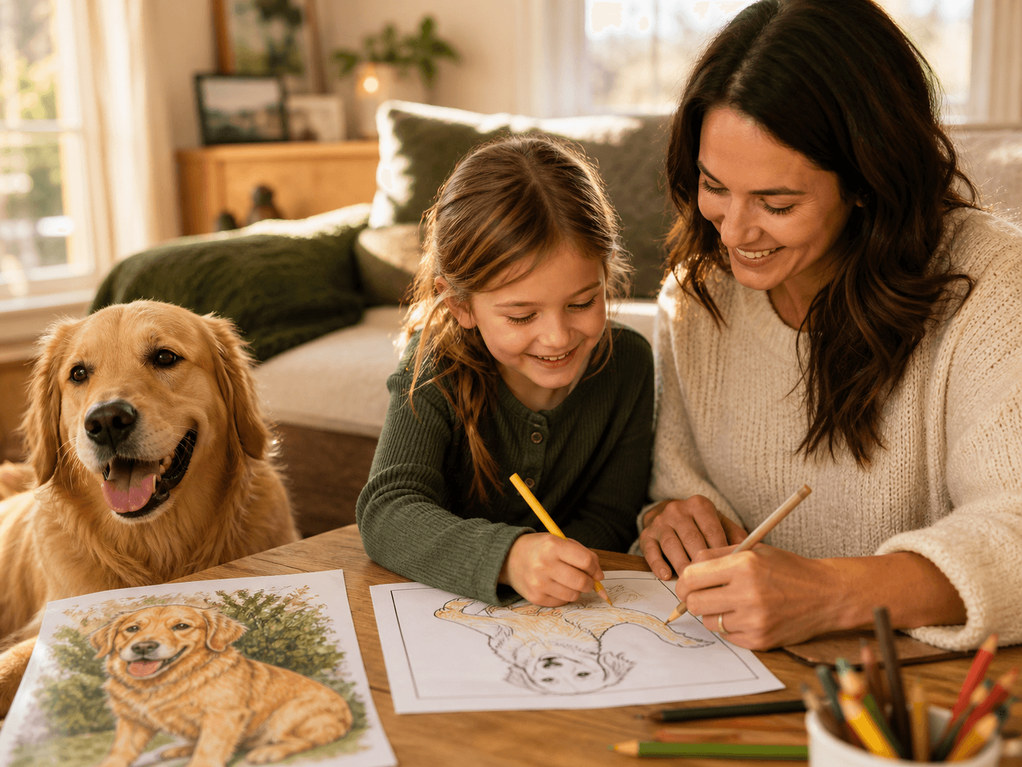 Child and parent coloring a dog page while a golden retriever sits beside them