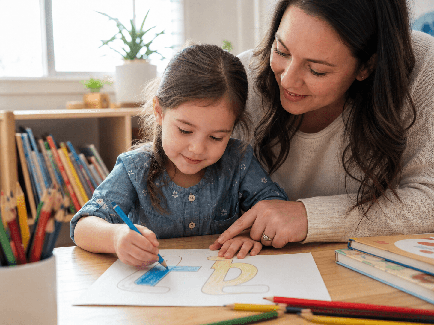 Parent helping a young child color an early-learning letter worksheet at home