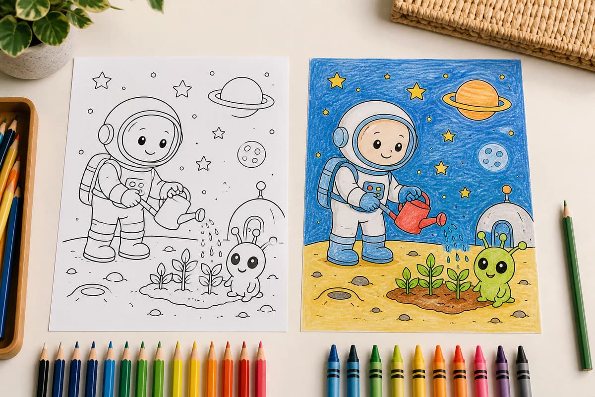 Space coloring page shown before and after coloring
