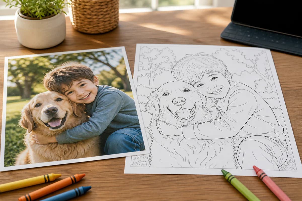 Child and dog photo beside its matching coloring page