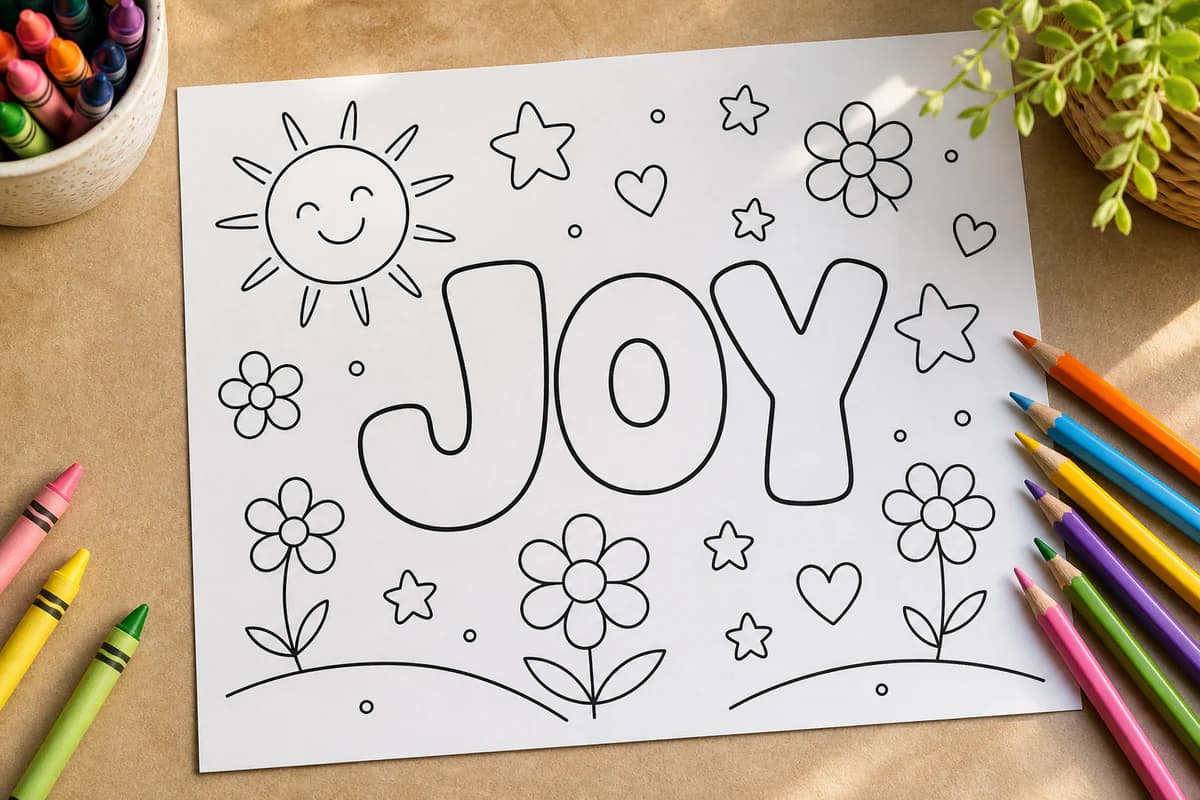 JOY word coloring page with crayons and flowers