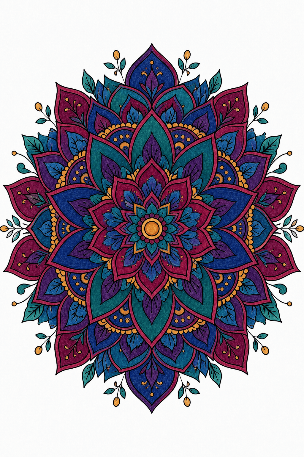 Finished mandala colored with a jewel tone palette