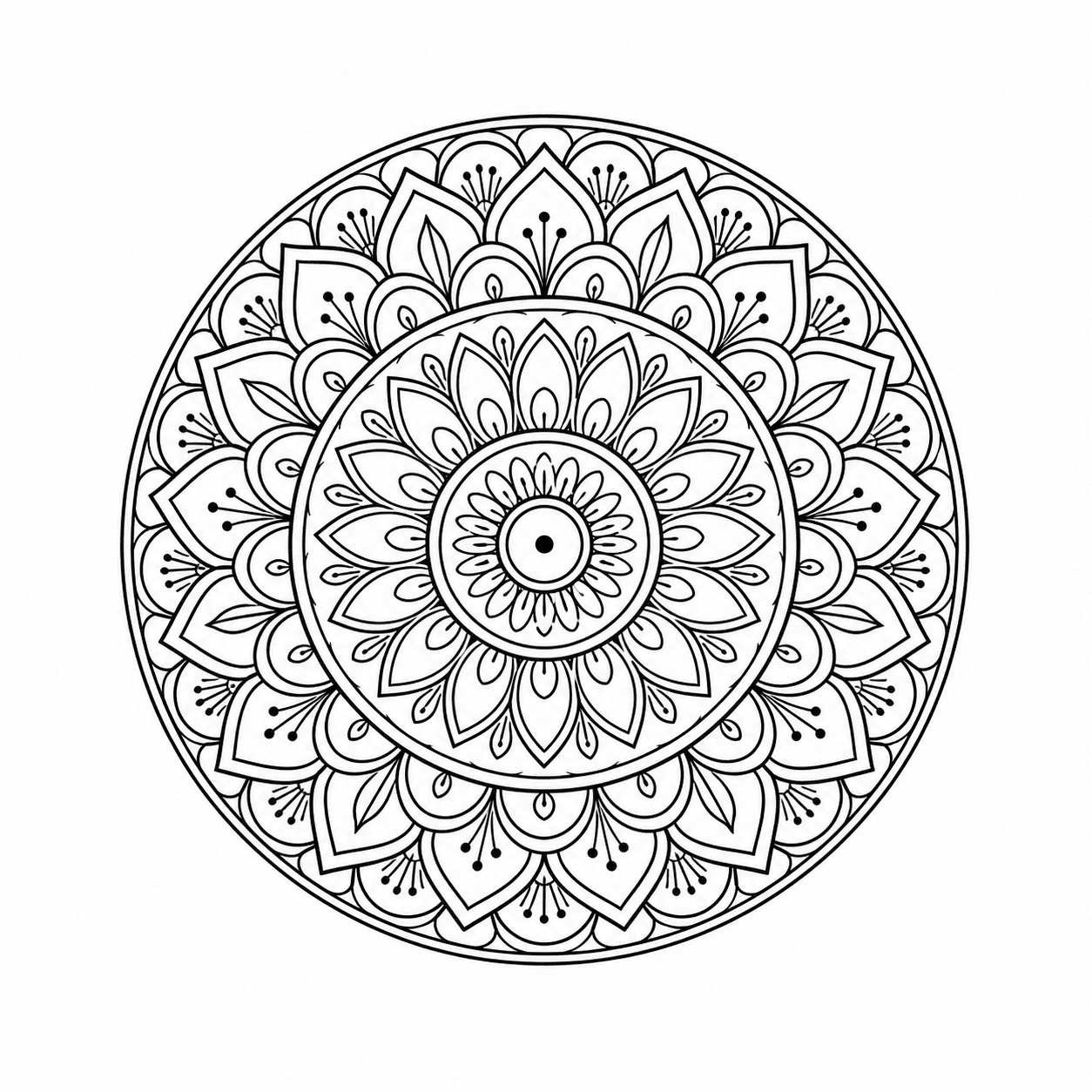 Mandala structure diagram showing the center point, radial symmetry, repeated shapes, concentric layers, and outer boundary