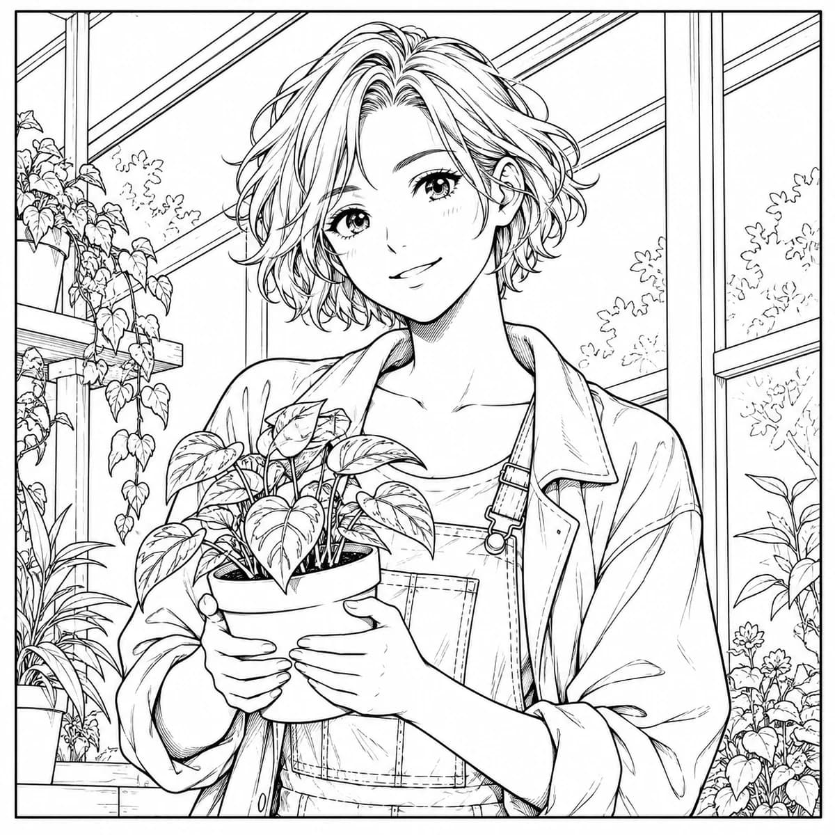Black-and-white manga drawing of a character holding a plant in a greenhouse