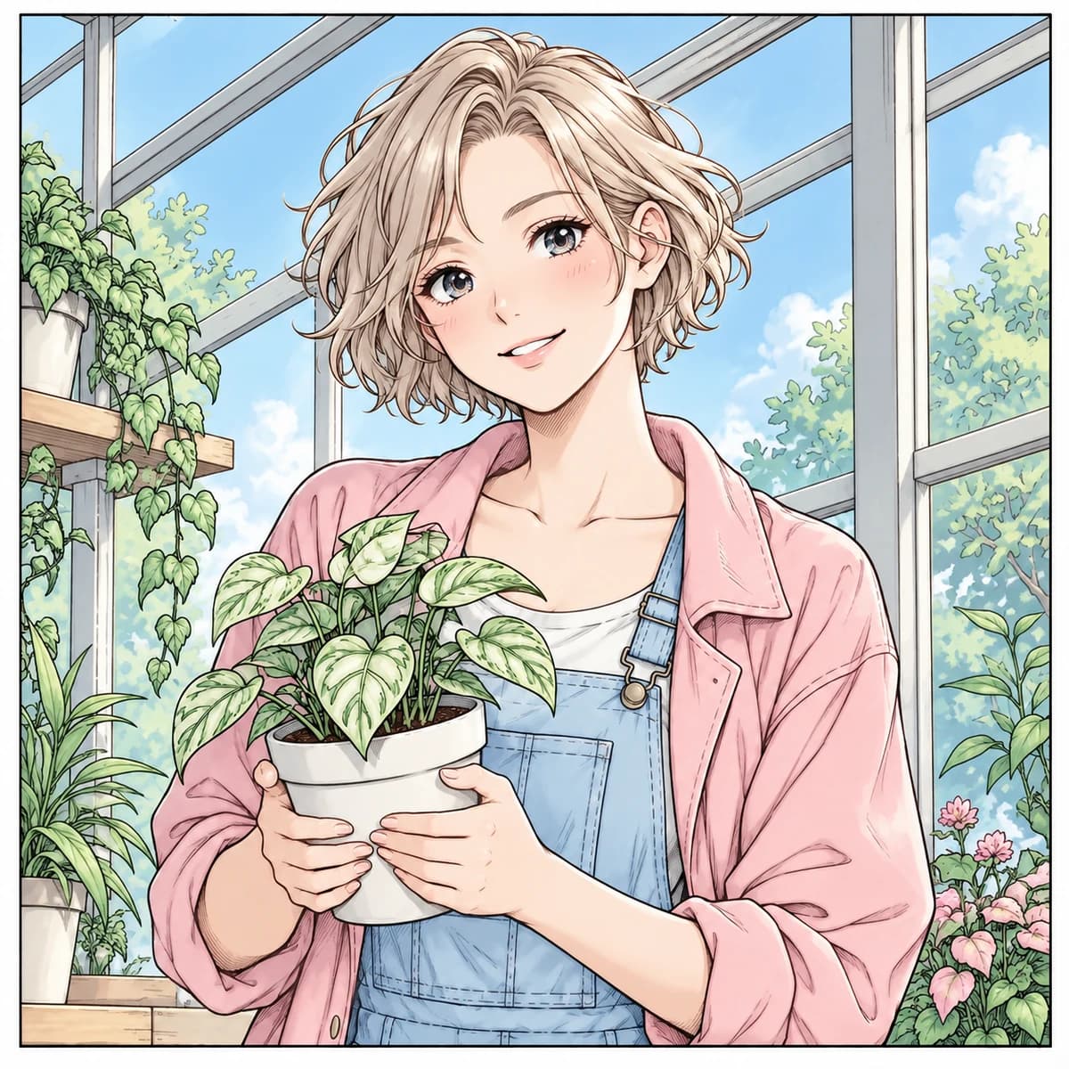 Manga greenhouse character colored with pink clothing, blue overalls and green plants