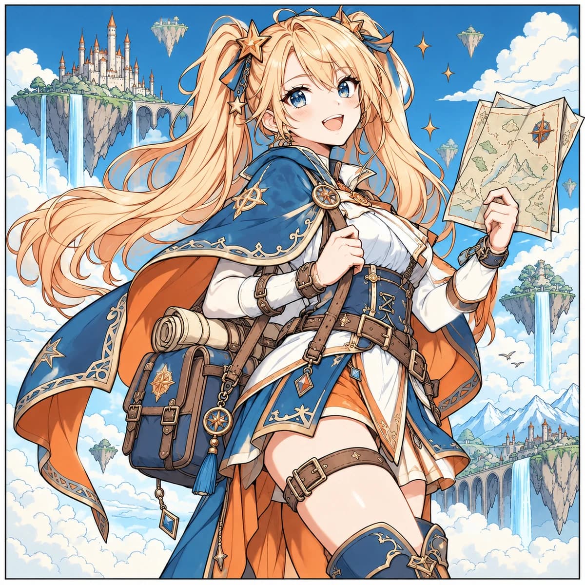 Original anime-style fantasy adventurer with twin-tail hair, a cape, and a map — ai-colored reference