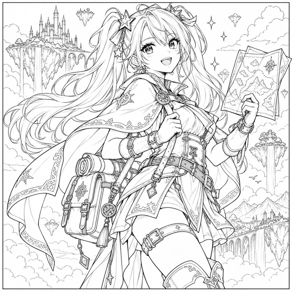 Original anime-style fantasy adventurer with twin-tail hair, a cape, and a map — original line art