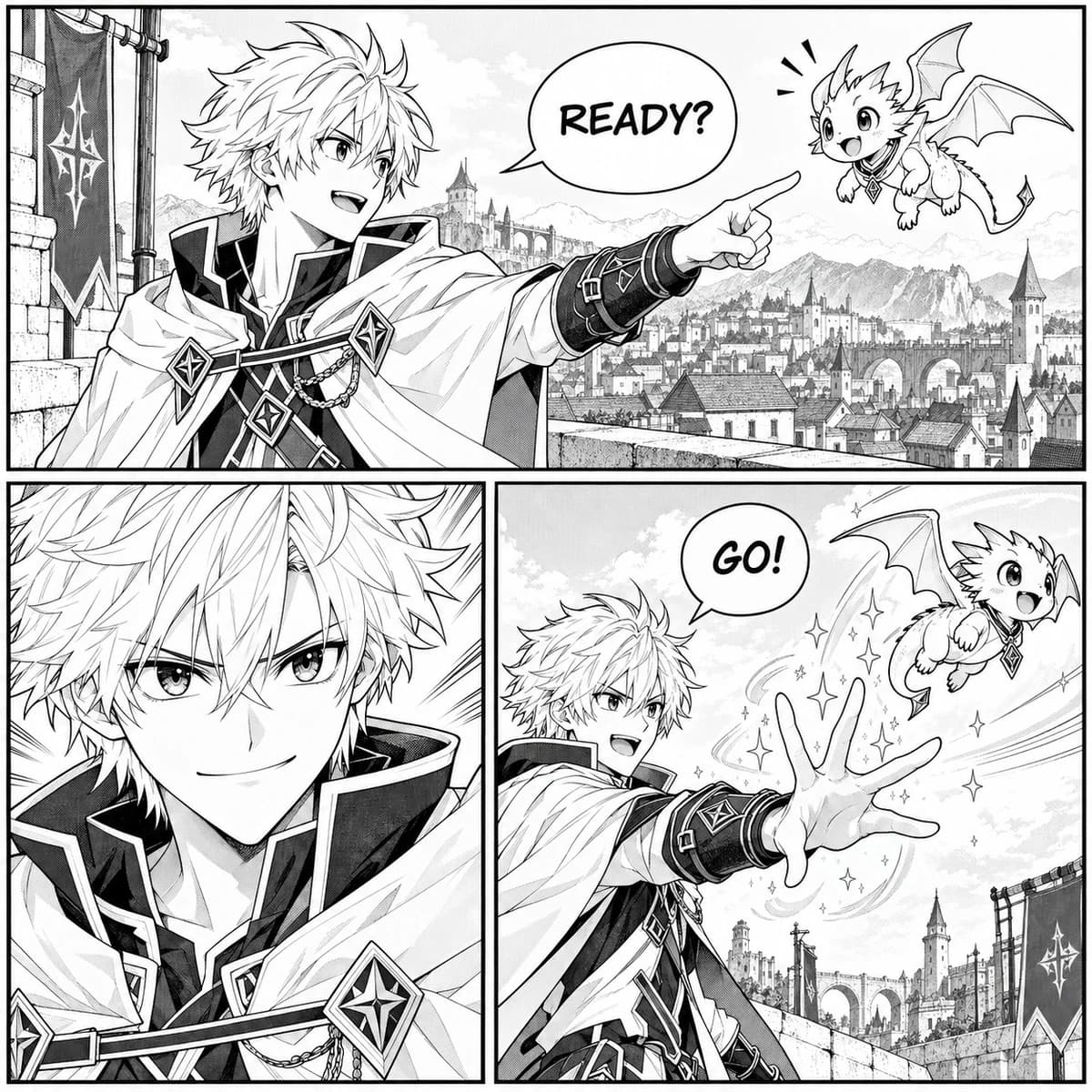 Original three-panel manga page with a mage and a dragon — original line art