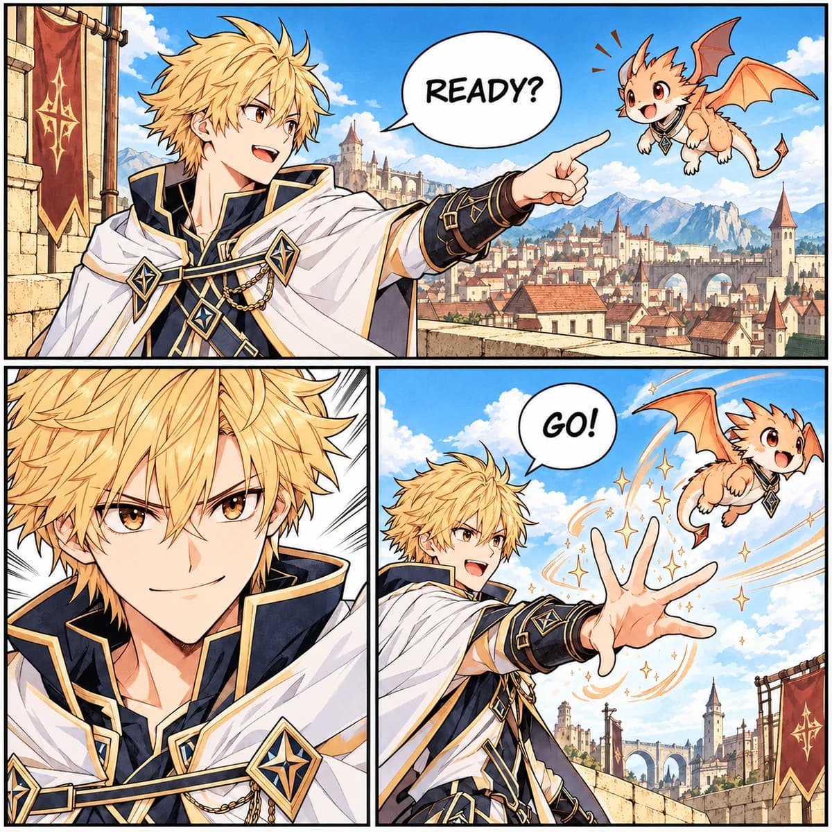 Original three-panel manga page with a mage and a dragon — ai-colored reference