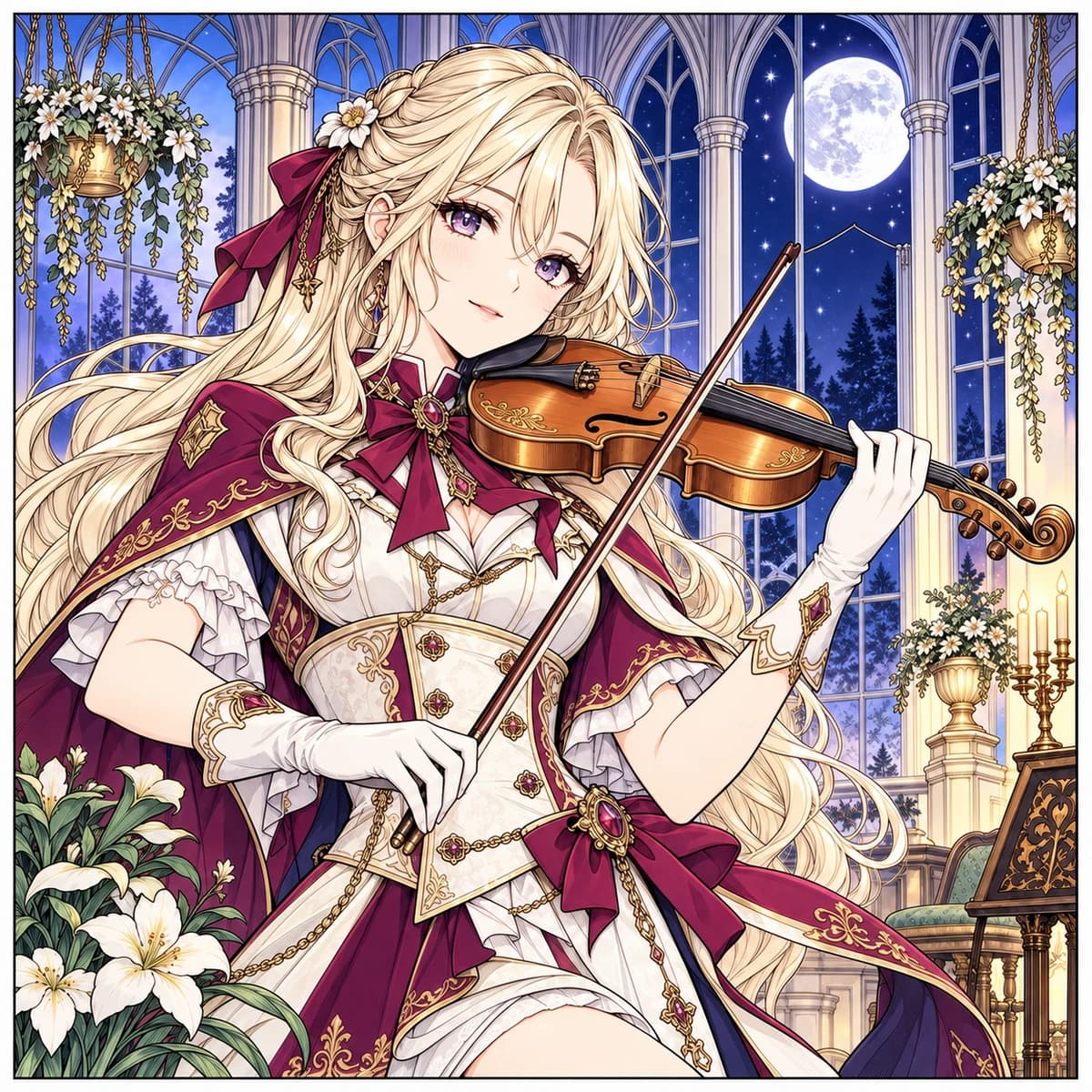 Original anime-style manga violinist in an ornate costume inside a moonlit conservatory — ai-colored reference