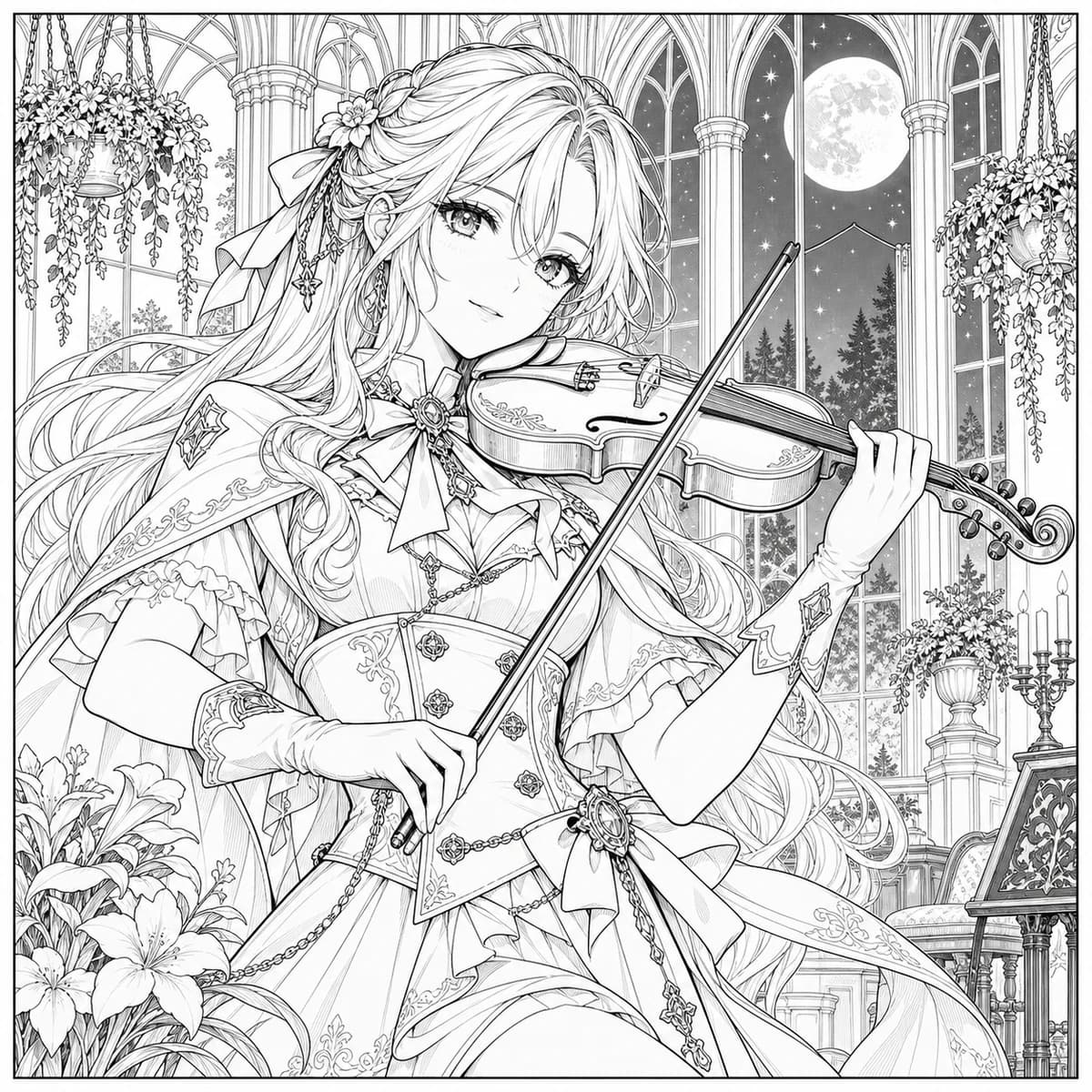Original anime-style manga violinist in an ornate costume inside a moonlit conservatory — original line art