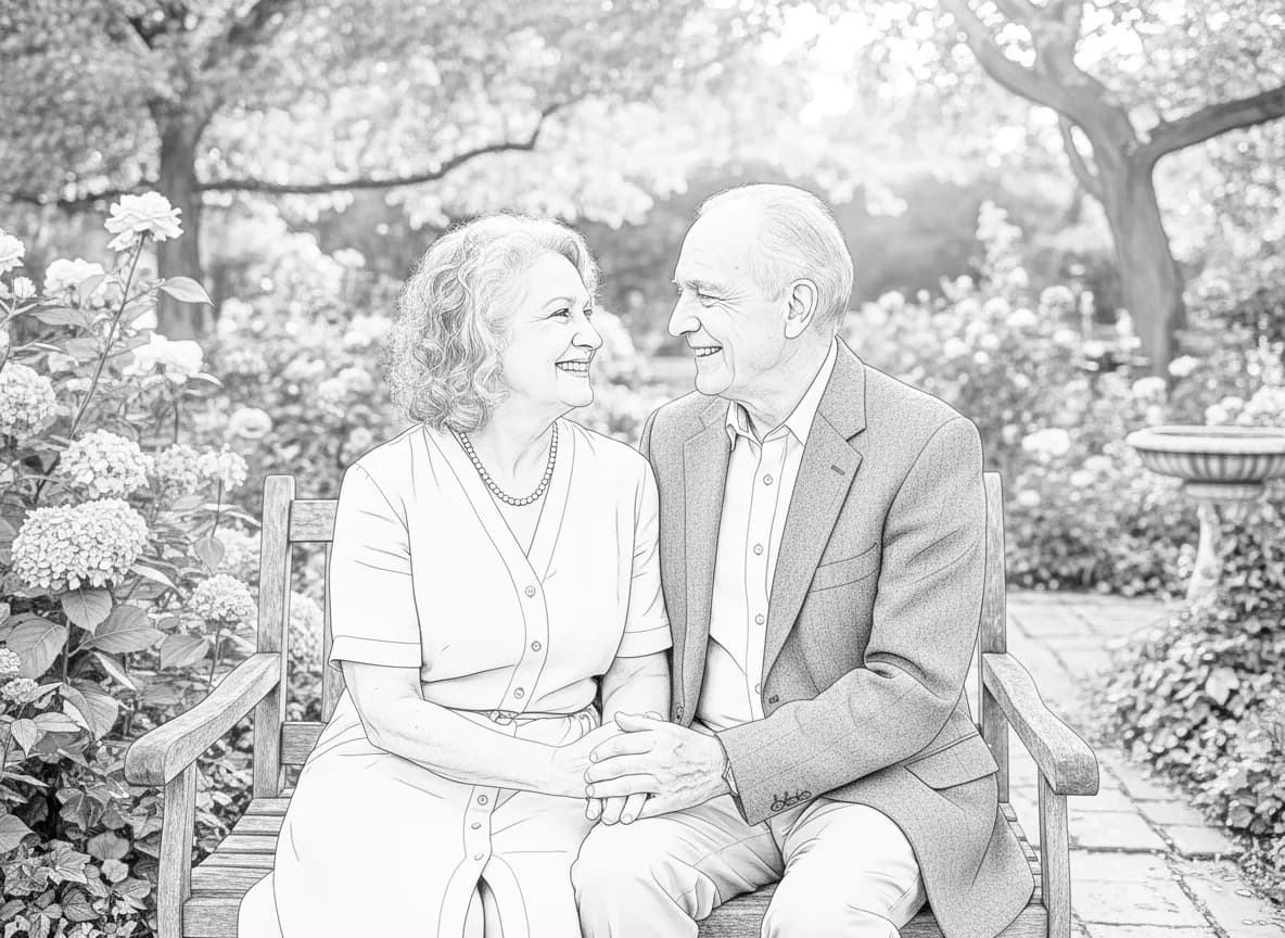 Older couple portrait converted into a printable coloring page