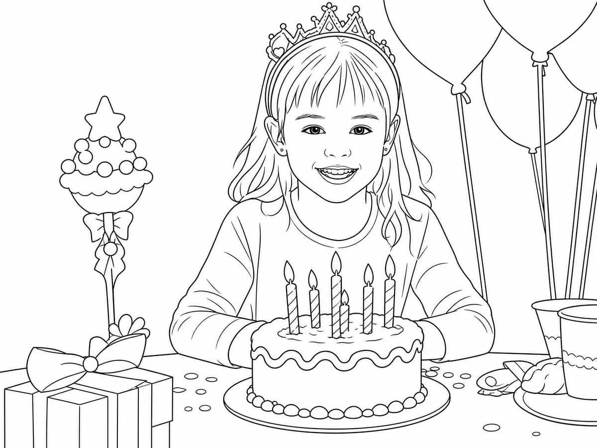 The same birthday portrait converted into printable coloring page line art