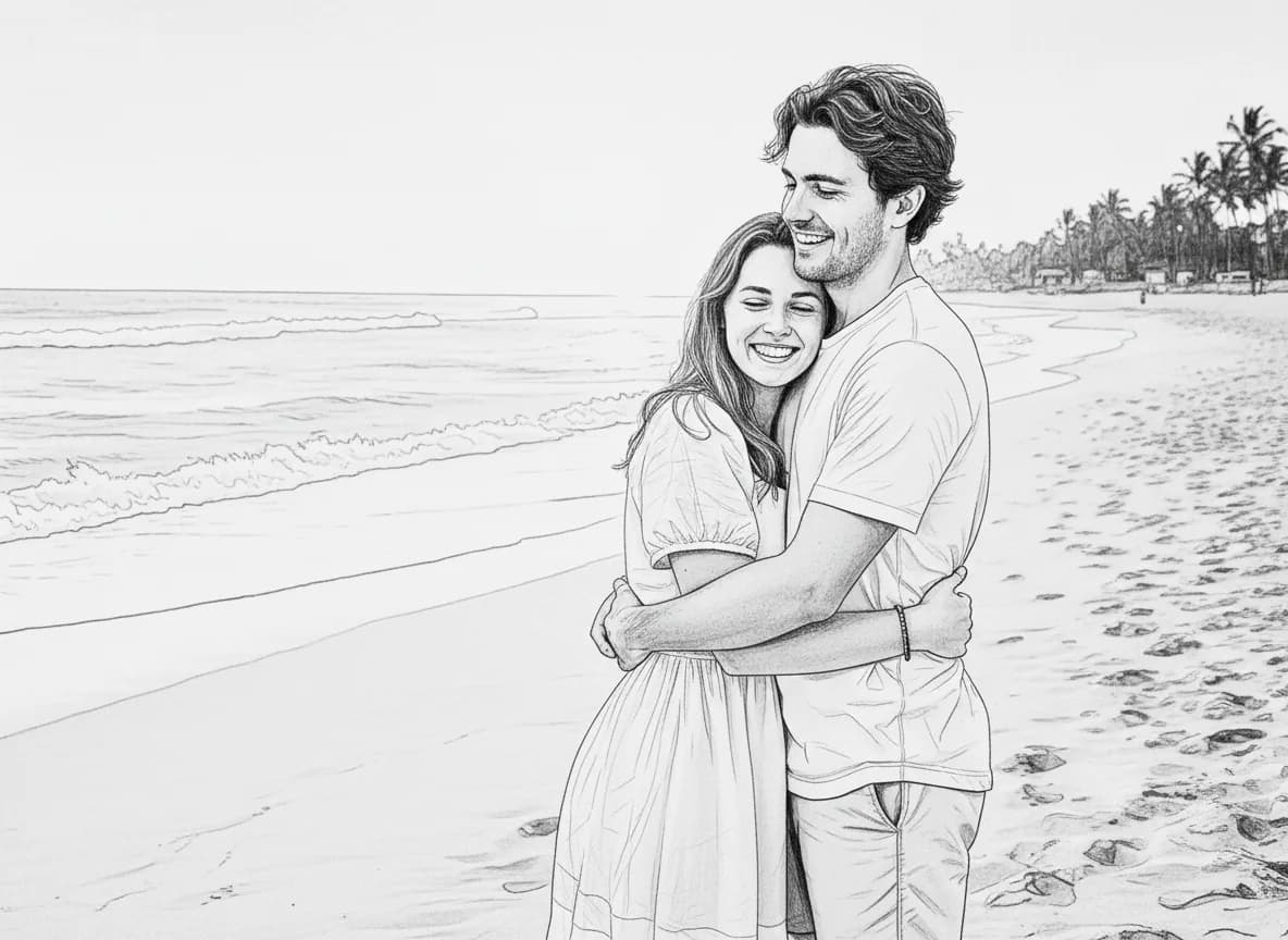 Couple beach photo converted into a printable coloring page
